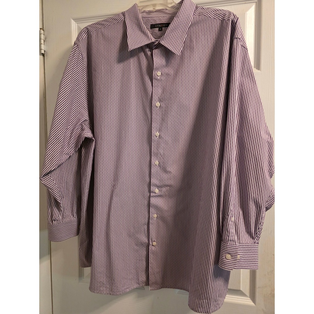 SYNRGY Mens 3XL Purple White Striped Dress Shirt Long Sleeve 100% Cotton Button